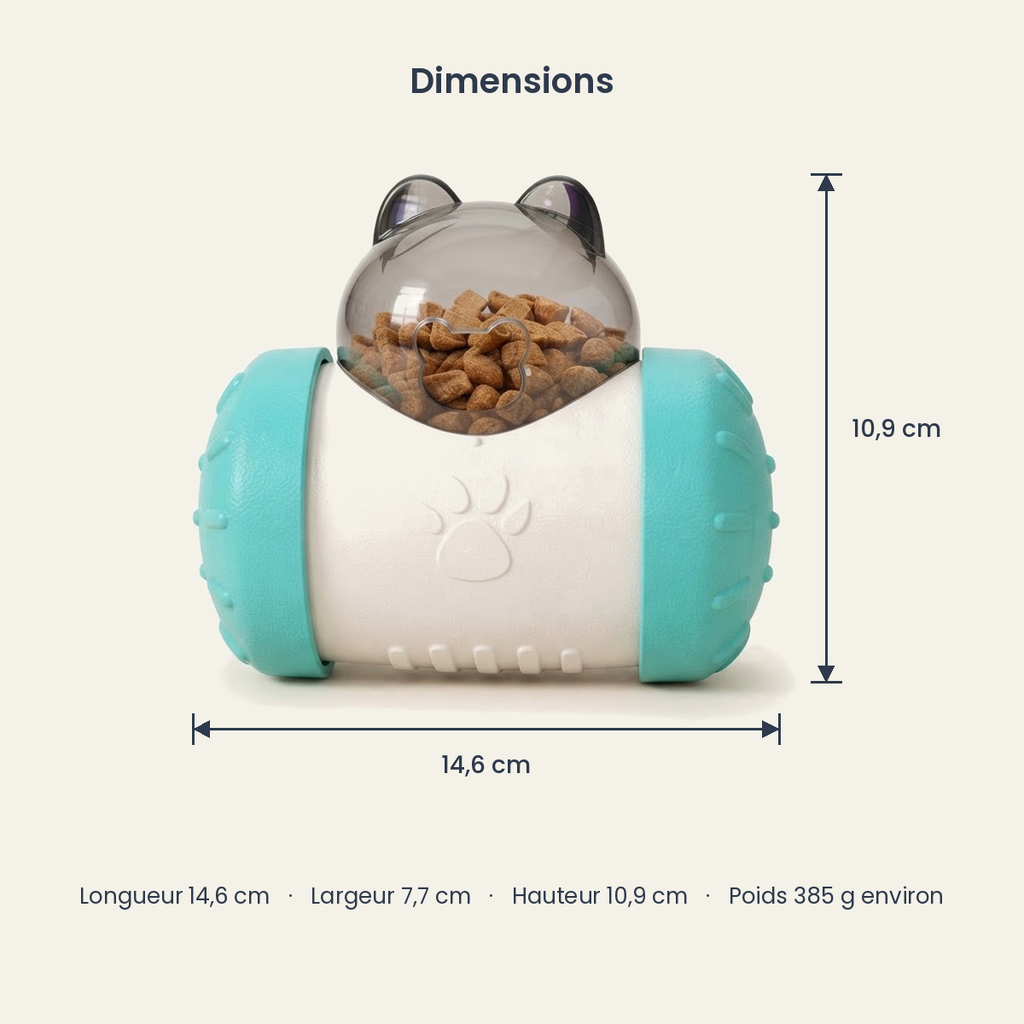 Dimensions du distributeur culbuto : longueur 14,6 cm, largeur 7,7 cm, hauteur 10,9 cm, poids 385 g environ