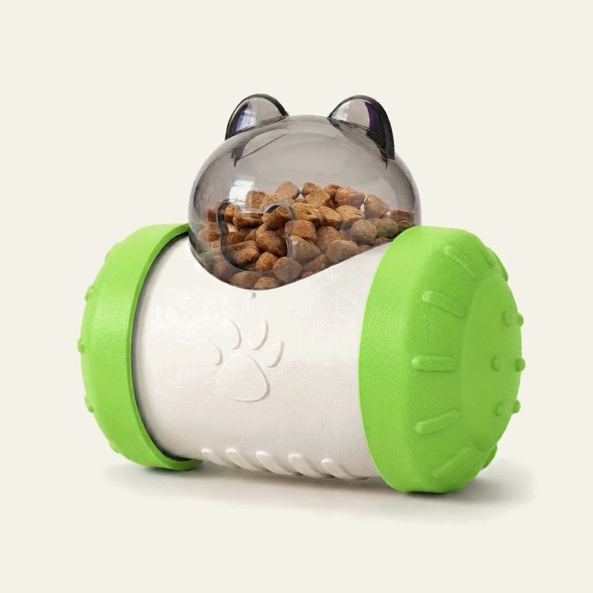 Distributeur de croquettes culbuto pour chat coloris vert : corps blanc, flasques vertes et dôme transparent à oreilles rempli de croquettes