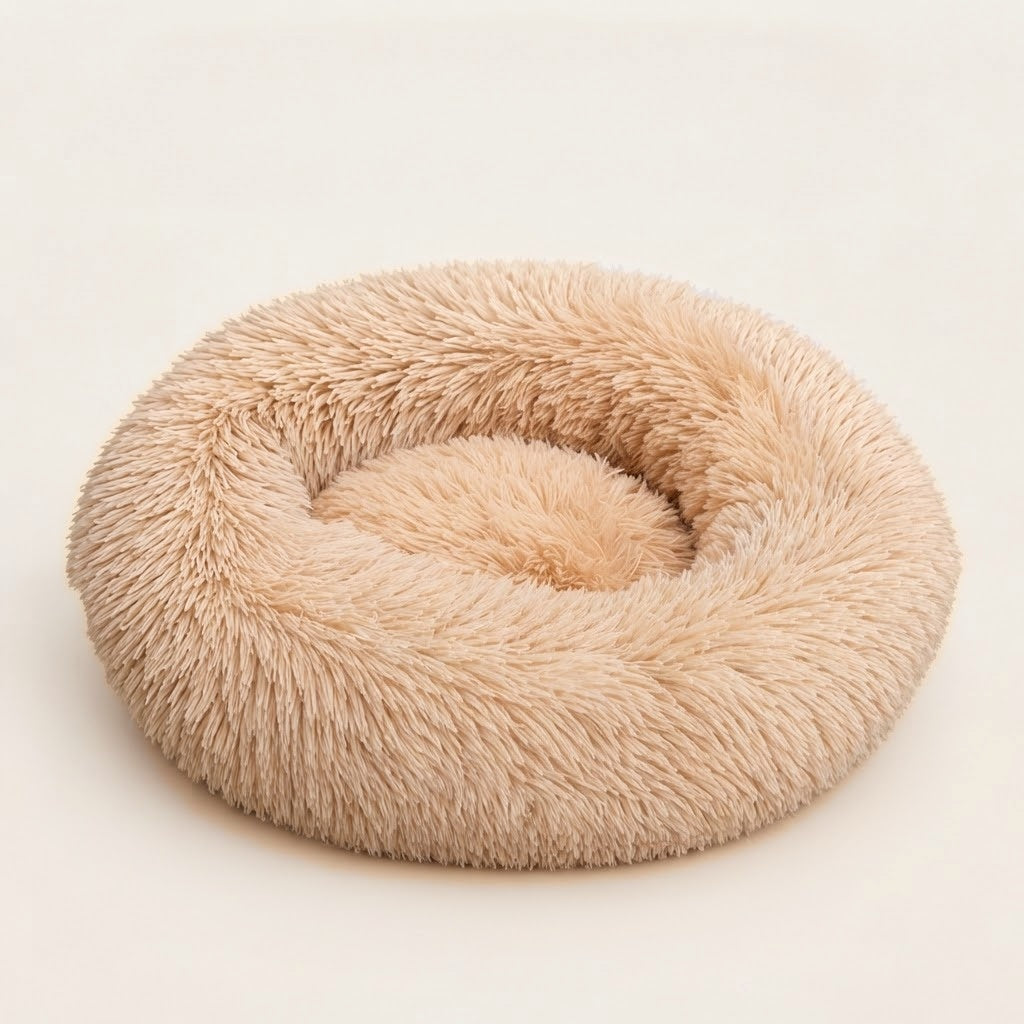 Coussin donut apaisant abricot en peluche longue pour chien et chat