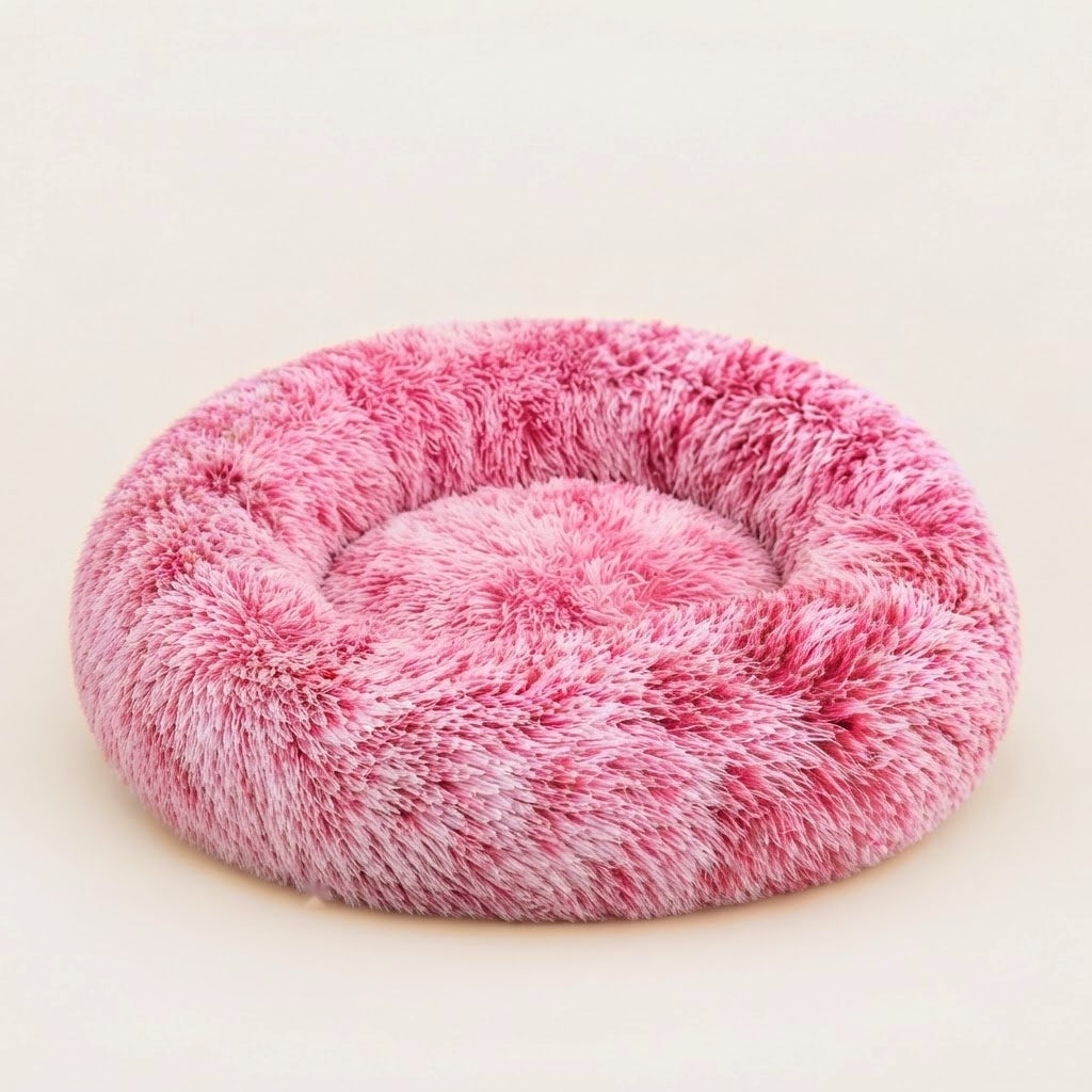 Coussin donut apaisant rose dégradé en peluche longue pour chien et chat