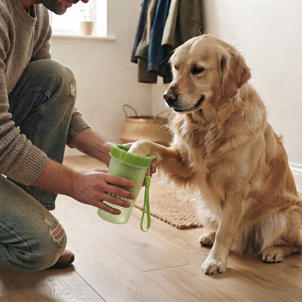 Golden retriever au retour de balade, la patte dans le nettoyeur de pattes vert