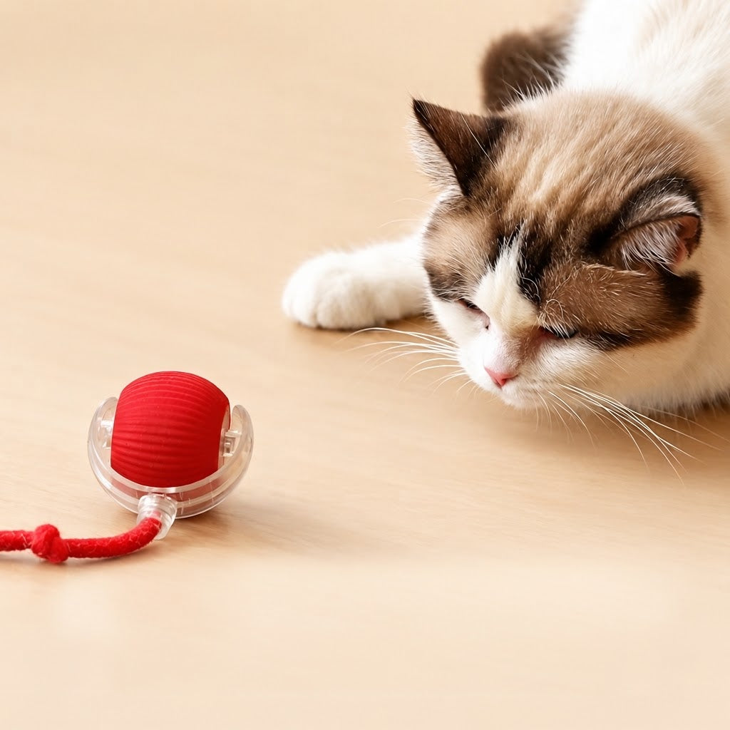 Chat à l'affût devant la balle automatique rouge posée au sol