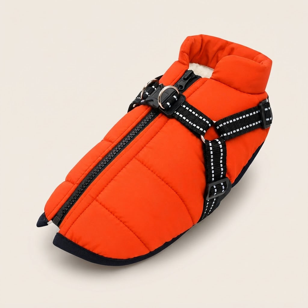 Veste d'hiver pour chien rouge orangé avec harnais intégré et bandes réfléchissantes