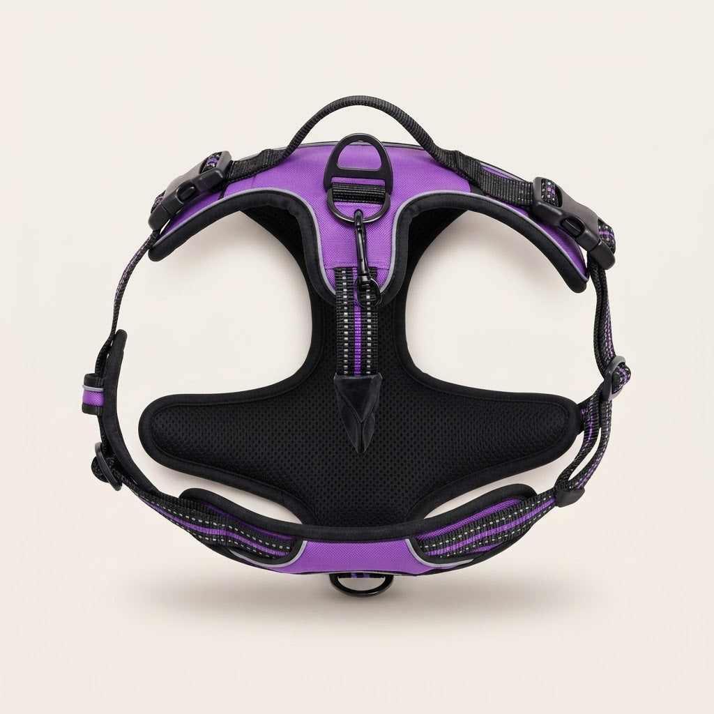 Harnais anti-traction pour chien violet et noir avec clip frontal, poignée et bandes réfléchissantes