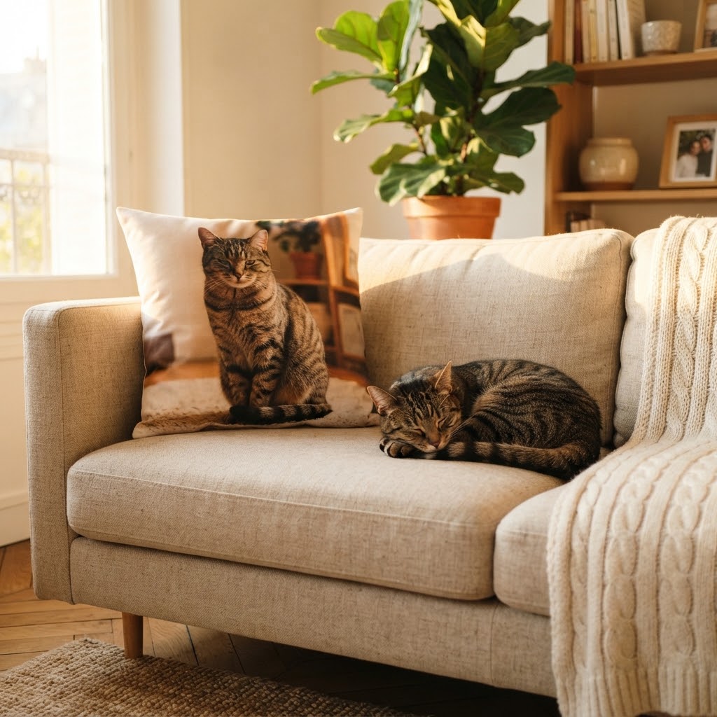 Chat tigré endormi sur un canapé à côté de la housse de coussin imprimée avec son portrait