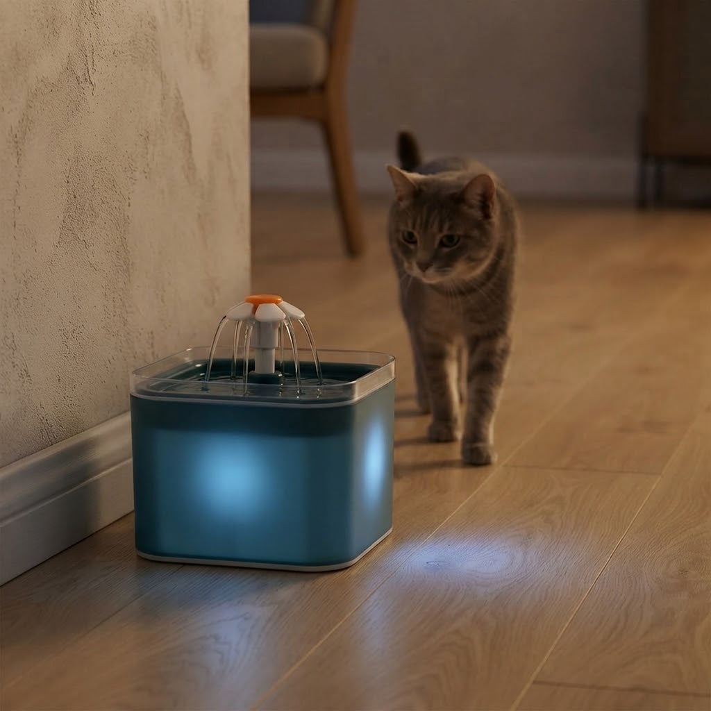 Fontaine bleu pétrole éclairée par sa LED bleue dans un salon le soir, un chat s'approche