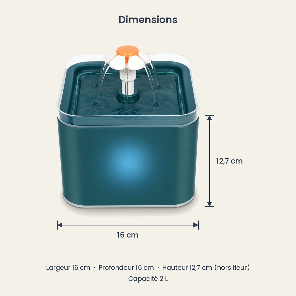 Dimensions de la fontaine : 16 cm de largeur, 16 cm de profondeur, 12,7 cm de hauteur hors fleur, capacité 2 L