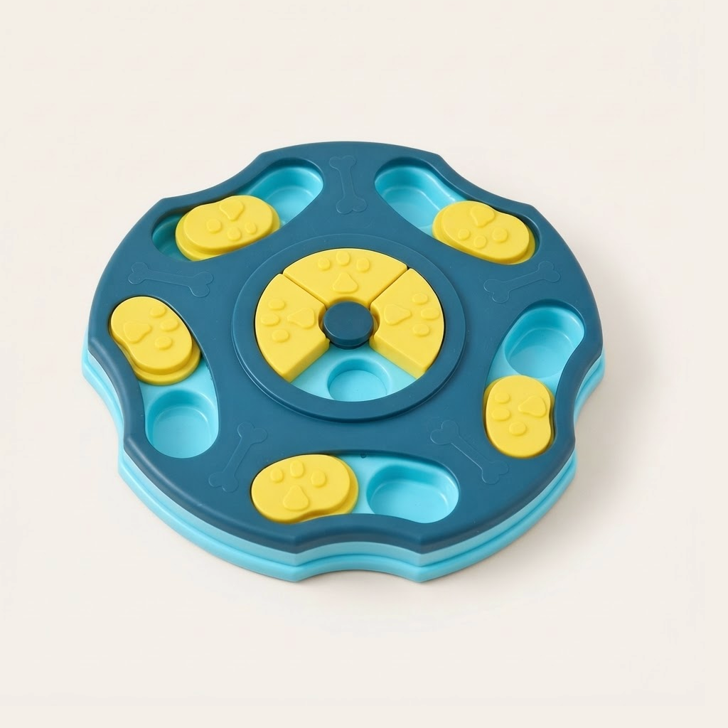 Gamelle anti-glouton bleue avec palets jaunes et compartiments à croquettes, pour chien et chat