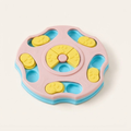 Gamelle anti-glouton rose avec palets jaunes et compartiments à croquettes, pour chien et chat