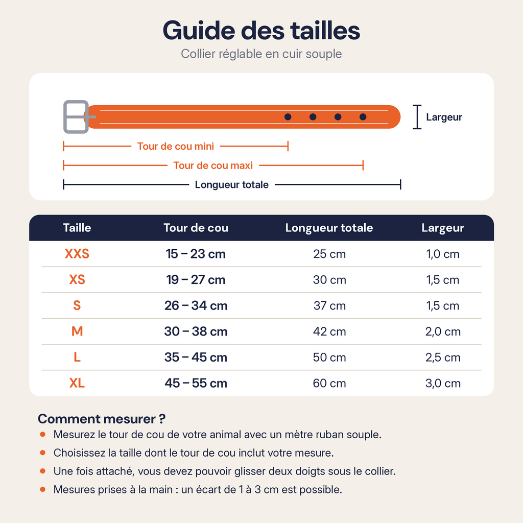 Guide des tailles du collier en cuir de XXS à XL : tour de cou, longueur totale et largeur