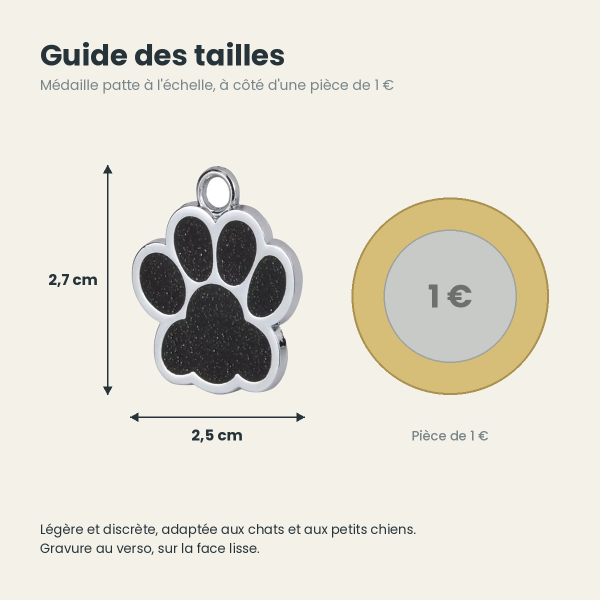 Guide des tailles de la médaille patte : 2,7 x 2,5 cm, à côté d'une pièce de 1 euro