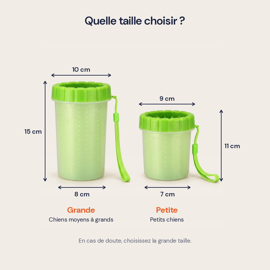 Guide des tailles du nettoyeur de pattes : grande 15 cm, petite 11 cm