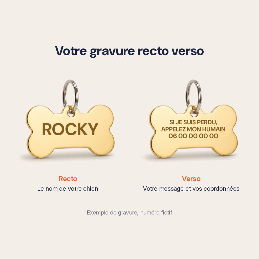 Exemple de gravure recto verso sur la médaille os : nom du chien au recto, message et numéro au verso