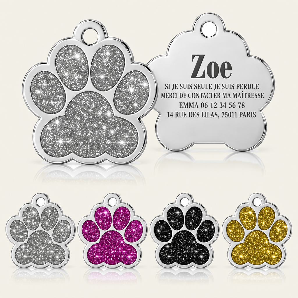 Médaille patte disponible en 4 couleurs de paillettes : argenté, rose, noir et doré, avec exemple de gravure au verso