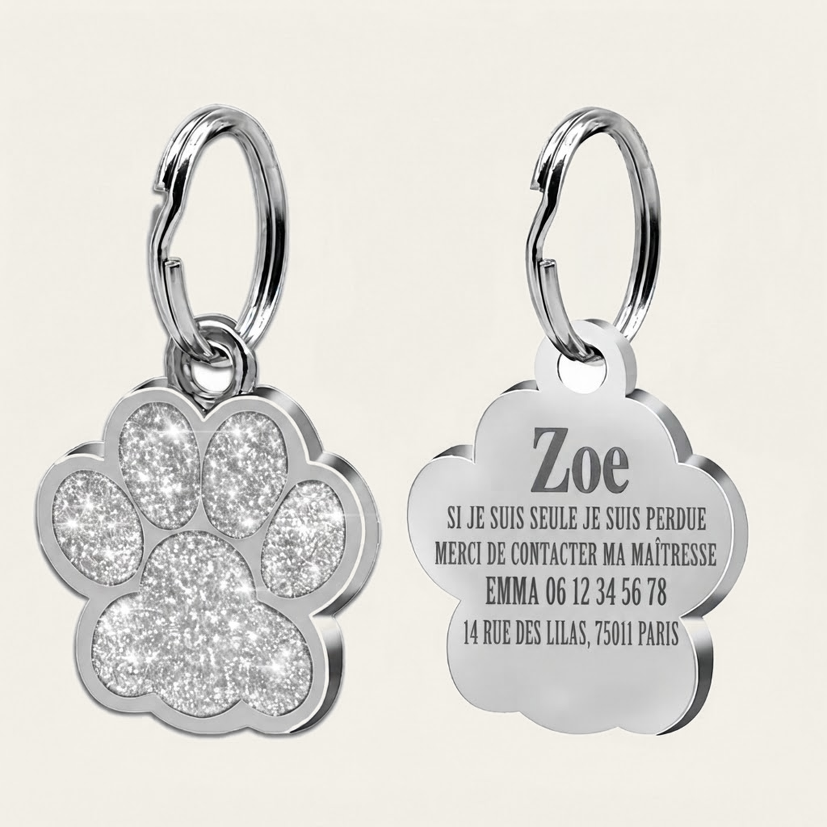 Médaille pour chat en forme de patte à paillettes argentées, recto pailleté et verso gravé