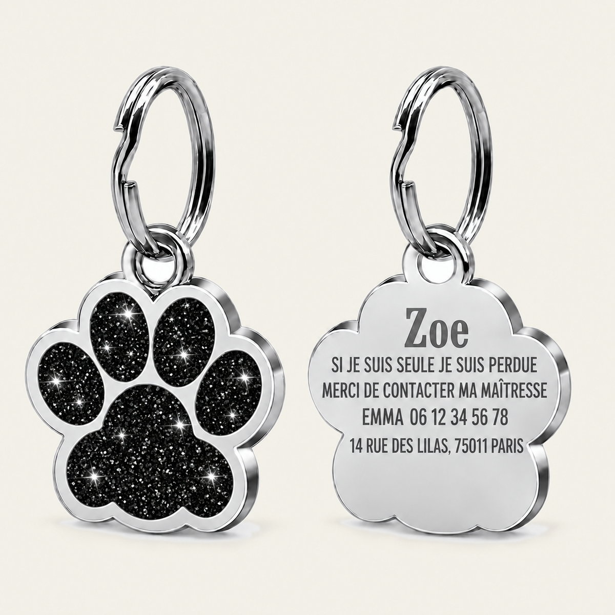 Médaille pour chat en forme de patte à paillettes noires, recto pailleté et verso gravé