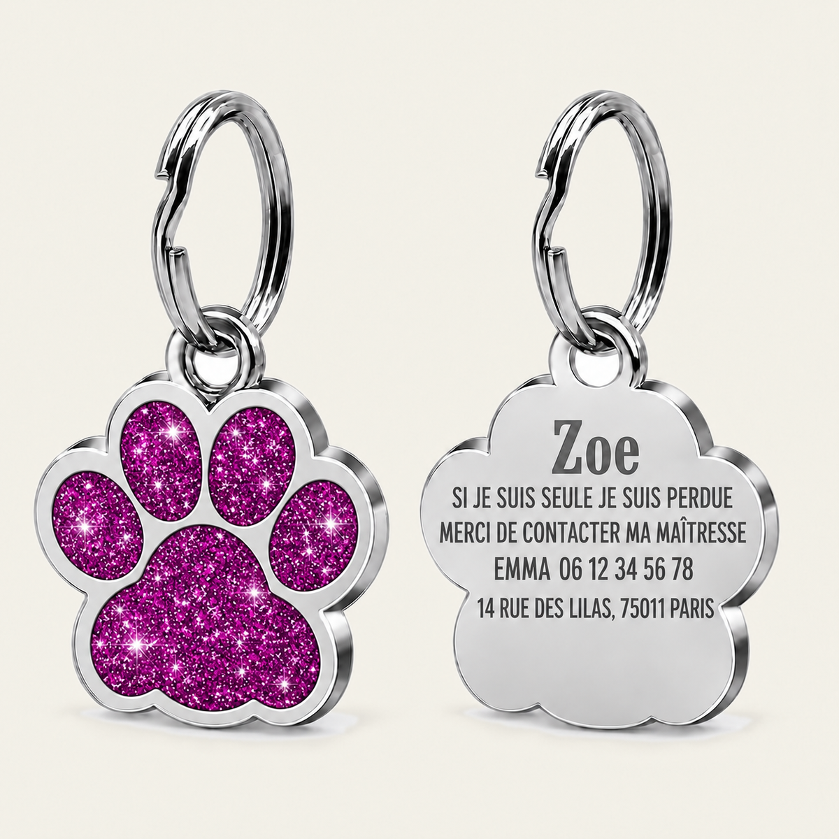 Médaille pour chat en forme de patte à paillettes roses, recto pailleté et verso gravé