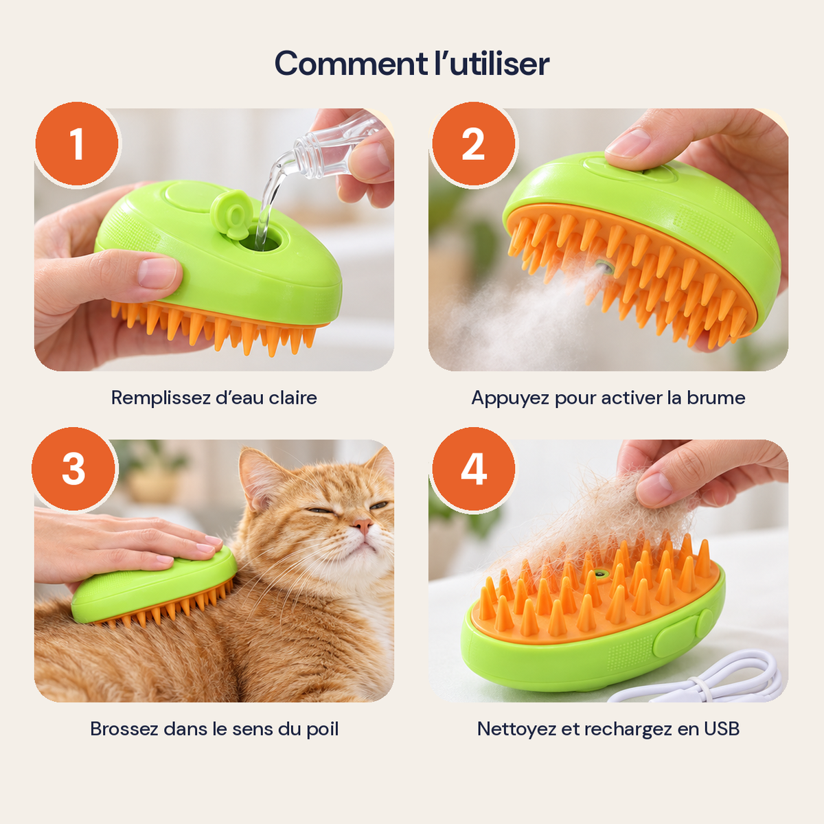 Mode d'emploi de la brosse vapeur en 4 étapes : remplir, activer la brume, brosser, nettoyer et recharger
