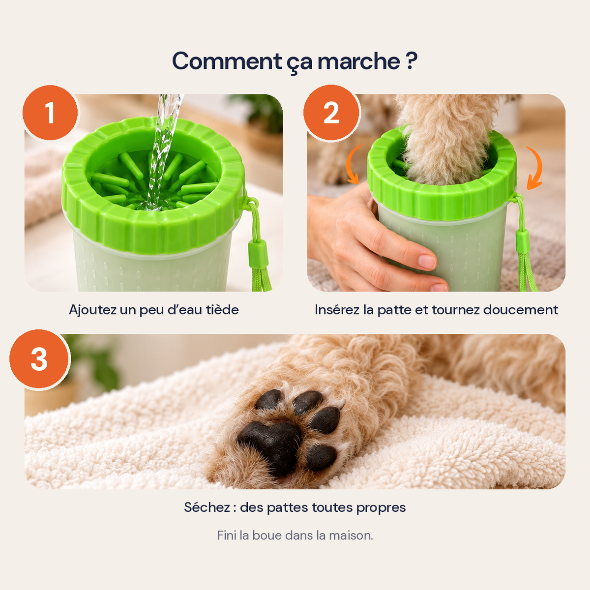 Mode d'emploi du nettoyeur de pattes en 3 étapes : eau tiède, insérer la patte et tourner, sécher